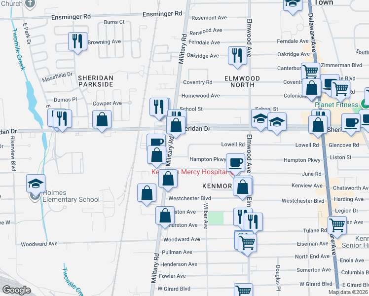 map of restaurants, bars, coffee shops, grocery stores, and more near 1557 Military Road in Buffalo