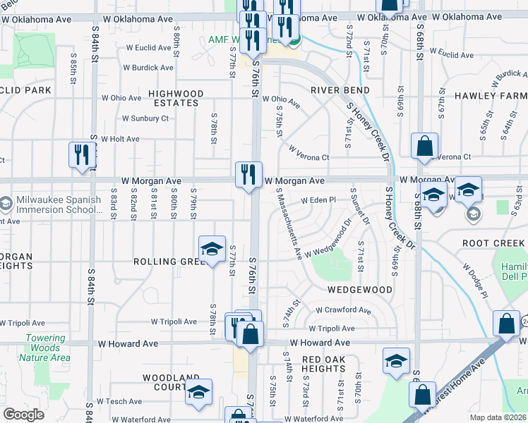 map of restaurants, bars, coffee shops, grocery stores, and more near 3573 South 76th Street in Milwaukee