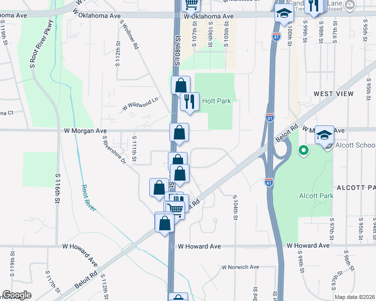 map of restaurants, bars, coffee shops, grocery stores, and more near 10540 West Pallottine Drive in Greenfield