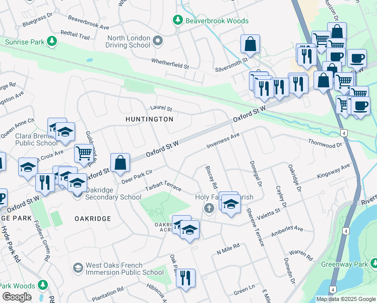 map of restaurants, bars, coffee shops, grocery stores, and more near 757 Inverness Avenue in London