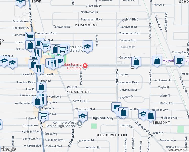 map of restaurants, bars, coffee shops, grocery stores, and more near 263 Glencove Road in Buffalo