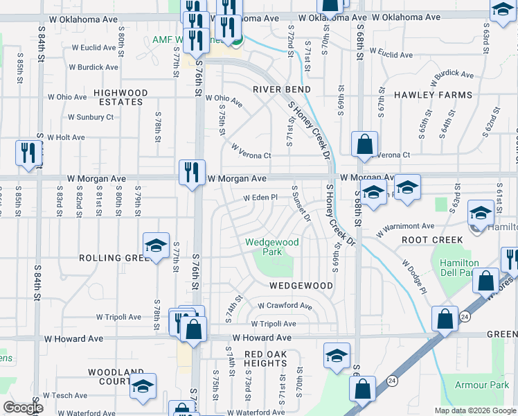 map of restaurants, bars, coffee shops, grocery stores, and more near 7242 West Georgia Avenue in Milwaukee