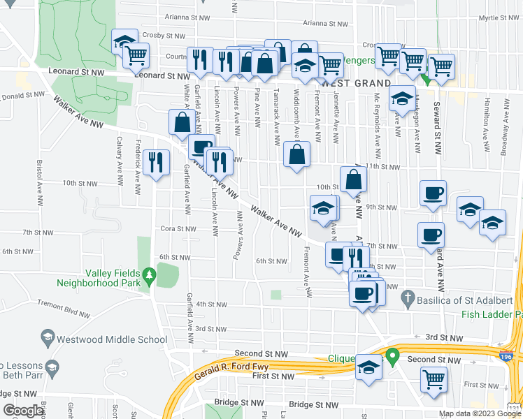 map of restaurants, bars, coffee shops, grocery stores, and more near 1029 Walker Avenue Northwest in Grand Rapids