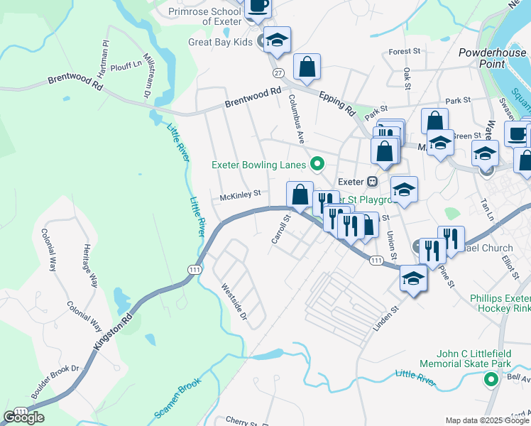 map of restaurants, bars, coffee shops, grocery stores, and more near 194 Front Street in Exeter