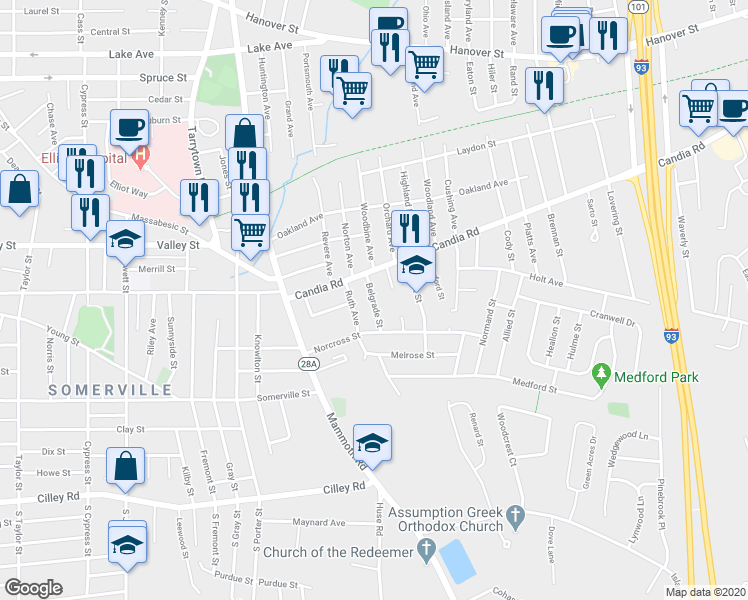 map of restaurants, bars, coffee shops, grocery stores, and more near 50 Belgrade Street in Manchester