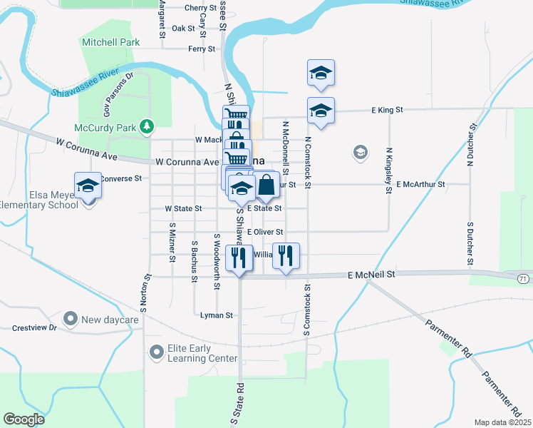 map of restaurants, bars, coffee shops, grocery stores, and more near 212 East State Street in Corunna