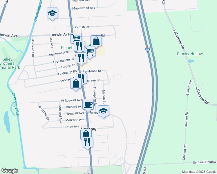 map of restaurants, bars, coffee shops, grocery stores, and more near 102 Kenyon Dr in Nedrow