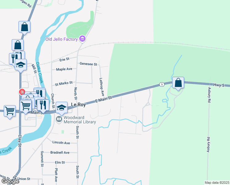 map of restaurants, bars, coffee shops, grocery stores, and more near 95 E Main St in Le Roy