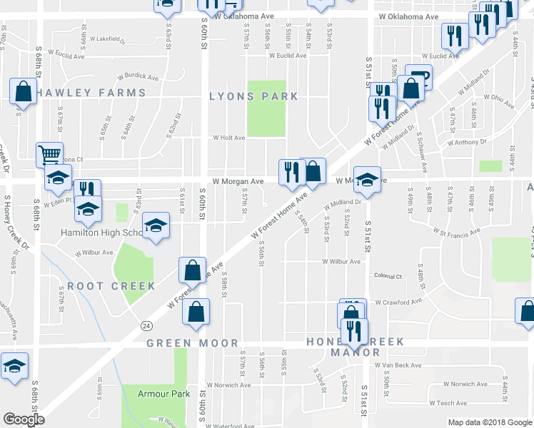 map of restaurants, bars, coffee shops, grocery stores, and more near 5544 West Forest Home Avenue in Greenfield