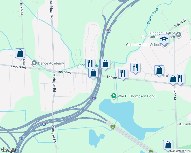 map of restaurants, bars, coffee shops, grocery stores, and more near I-94 in Port Huron