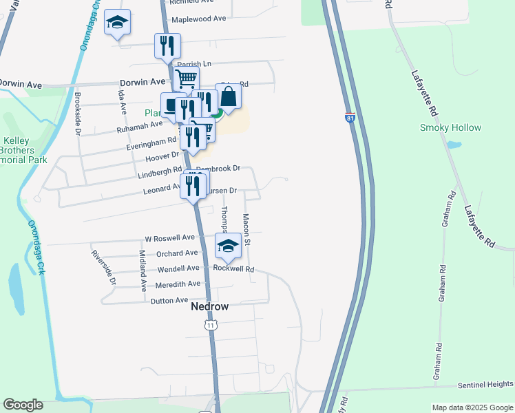 map of restaurants, bars, coffee shops, grocery stores, and more near 102 Kenyon Drive in Nedrow