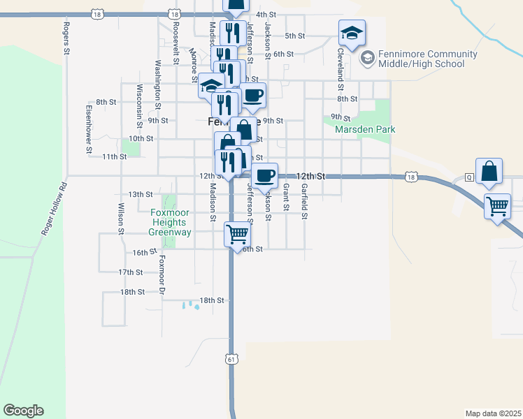 map of restaurants, bars, coffee shops, grocery stores, and more near 1040 14th Street in Fennimore