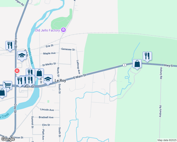 map of restaurants, bars, coffee shops, grocery stores, and more near 95 East Main Street in Le Roy