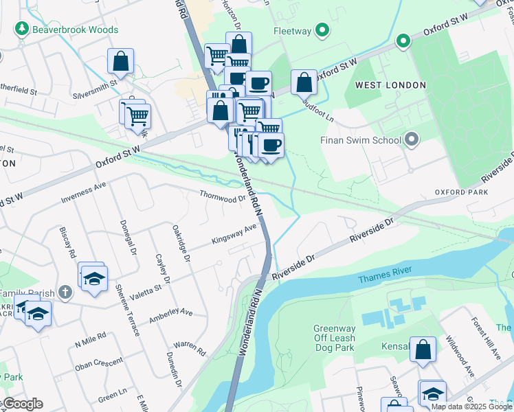 map of restaurants, bars, coffee shops, grocery stores, and more near 589 Wonderland Road North in London