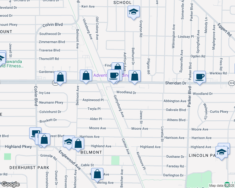 map of restaurants, bars, coffee shops, grocery stores, and more near 143 Woodland Drive in Buffalo