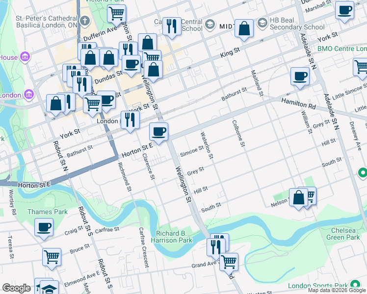 map of restaurants, bars, coffee shops, grocery stores, and more near 292 Simcoe Street in London