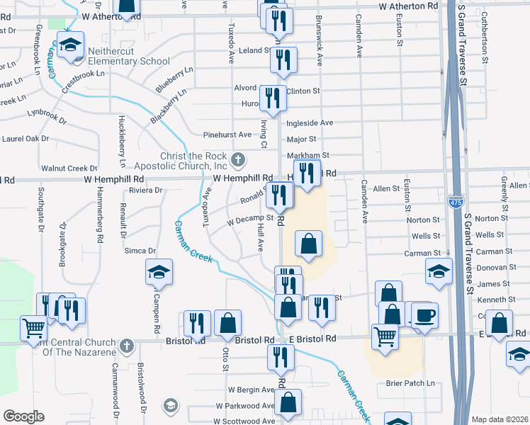 map of restaurants, bars, coffee shops, grocery stores, and more near 1026 West Decamp Street in Flint