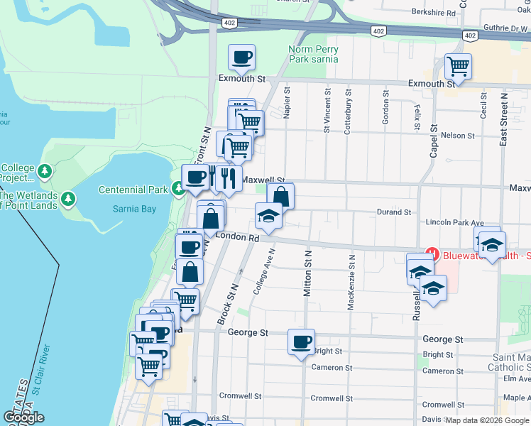 map of restaurants, bars, coffee shops, grocery stores, and more near 127 Fleming Street in Sarnia