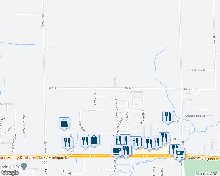 map of restaurants, bars, coffee shops, grocery stores, and more near 5267 Rich Street in Allendale Charter Township