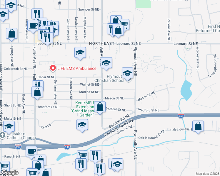 map of restaurants, bars, coffee shops, grocery stores, and more near 1631 Matilda Street Northeast in Grand Rapids