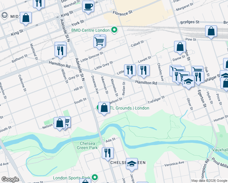 map of restaurants, bars, coffee shops, grocery stores, and more near 101 Mamelon Street in London