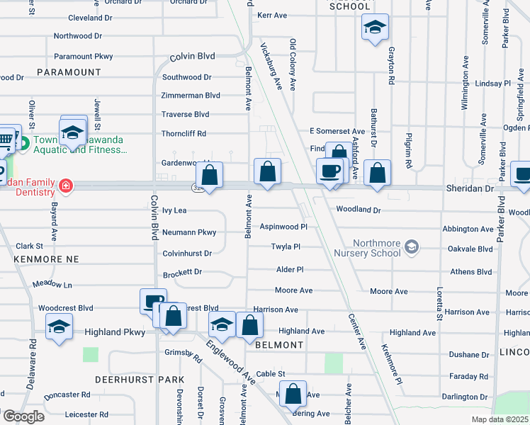 map of restaurants, bars, coffee shops, grocery stores, and more near 21 Warburton Place in Buffalo