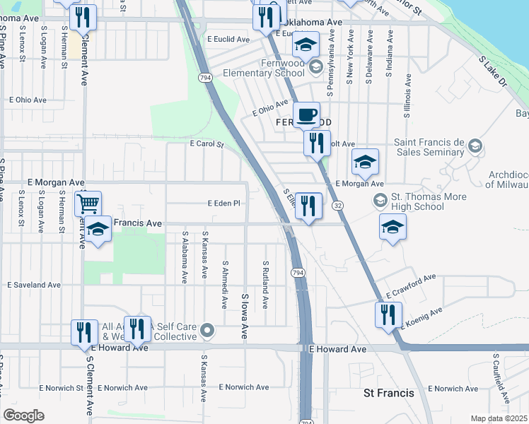 map of restaurants, bars, coffee shops, grocery stores, and more near 2040 East Street Francis Avenue in Saint Francis