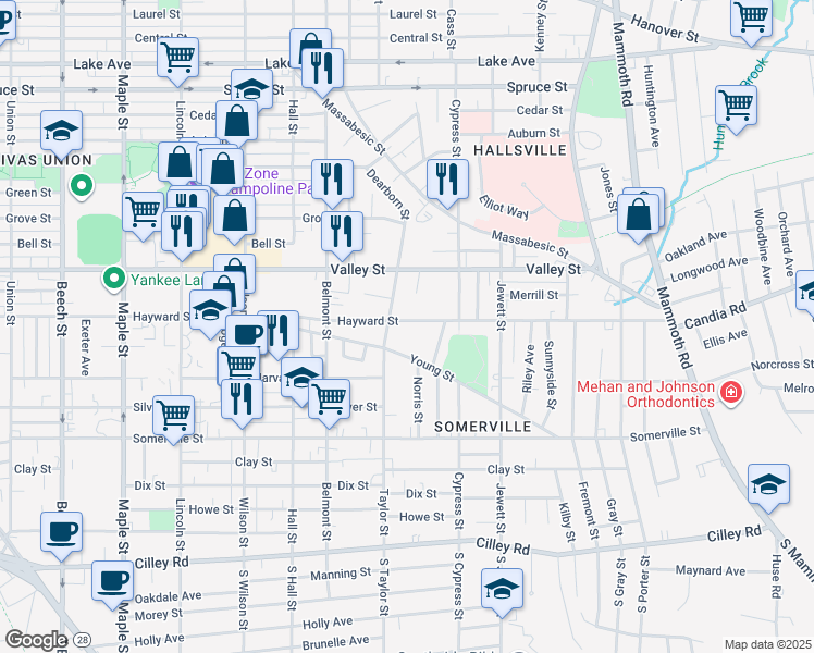 map of restaurants, bars, coffee shops, grocery stores, and more near 831 Hayward Street in Manchester
