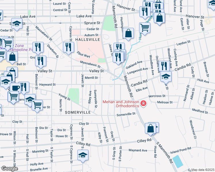 map of restaurants, bars, coffee shops, grocery stores, and more near 1131 Hayward Street in Manchester