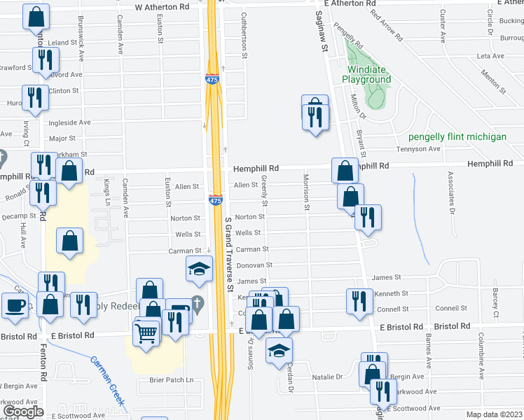 map of restaurants, bars, coffee shops, grocery stores, and more near 3336 Greenly Street in Burton
