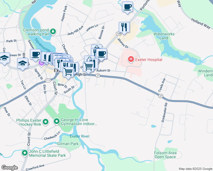 map of restaurants, bars, coffee shops, grocery stores, and more near 8 Gardner Street in Exeter