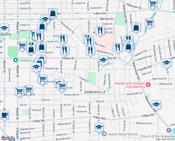 map of restaurants, bars, coffee shops, grocery stores, and more near 57 Ainsworth Avenue in Manchester
