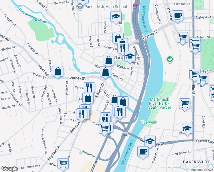 map of restaurants, bars, coffee shops, grocery stores, and more near 287 West Hancock Street in Manchester