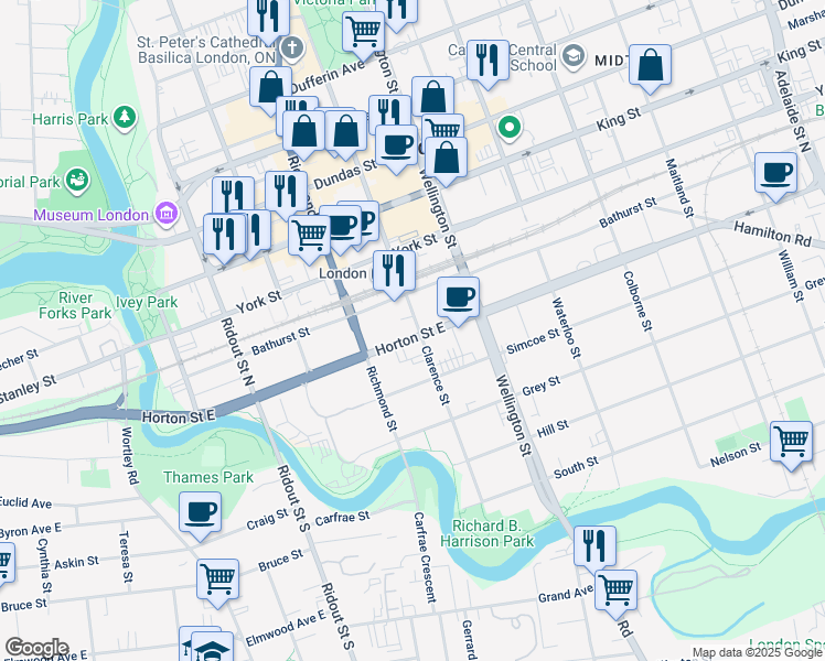 map of restaurants, bars, coffee shops, grocery stores, and more near 200 Horton Street East in London