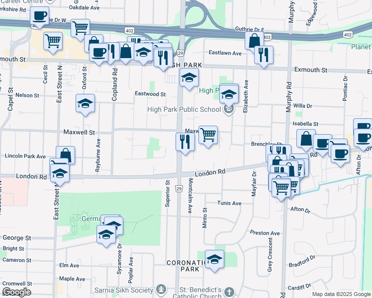 map of restaurants, bars, coffee shops, grocery stores, and more near 631 Roger Street in Sarnia