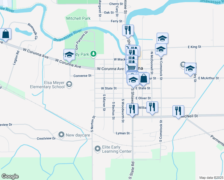 map of restaurants, bars, coffee shops, grocery stores, and more near 319 West State Street in Corunna