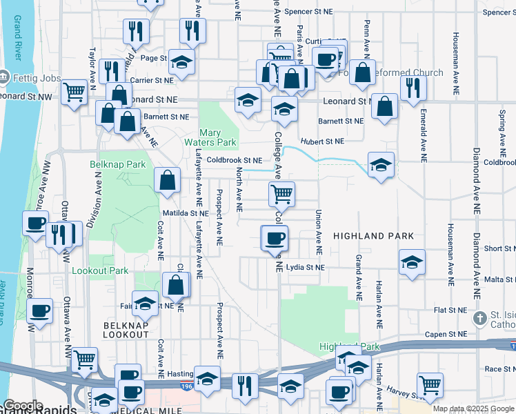 map of restaurants, bars, coffee shops, grocery stores, and more near 409 Shirley Street Northeast in Grand Rapids