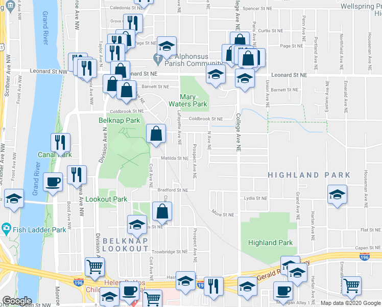map of restaurants, bars, coffee shops, grocery stores, and more near 900 Prospect Avenue Northeast in Grand Rapids