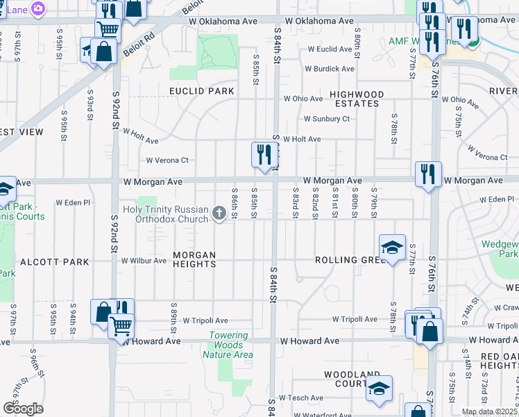 map of restaurants, bars, coffee shops, grocery stores, and more near 3564 South 85th Street in Milwaukee