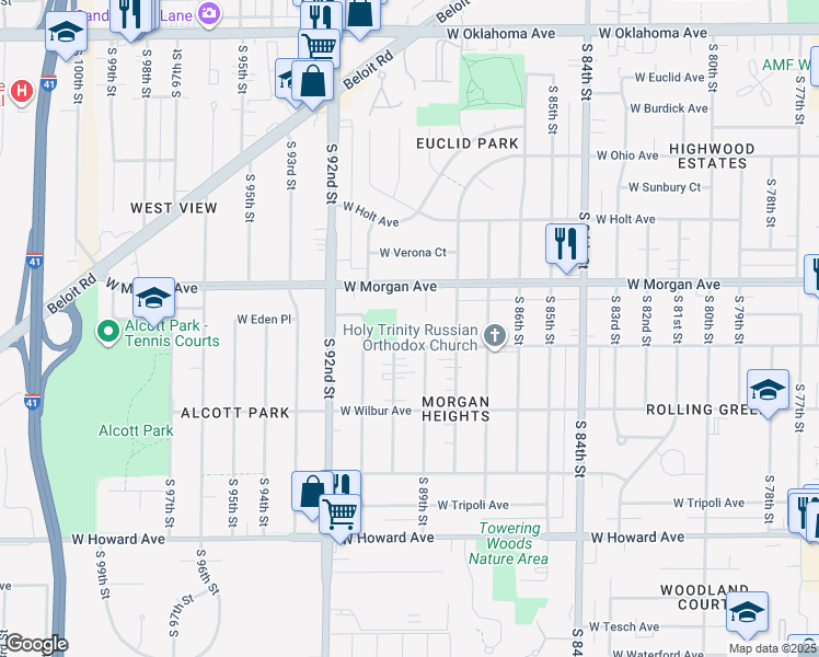 map of restaurants, bars, coffee shops, grocery stores, and more near 3575 South 88th Street in Milwaukee