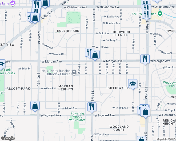 map of restaurants, bars, coffee shops, grocery stores, and more near 3564 South 85th Street in Milwaukee