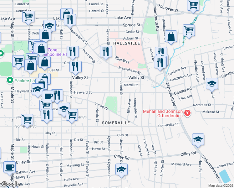 map of restaurants, bars, coffee shops, grocery stores, and more near 959 Hayward Street in Manchester