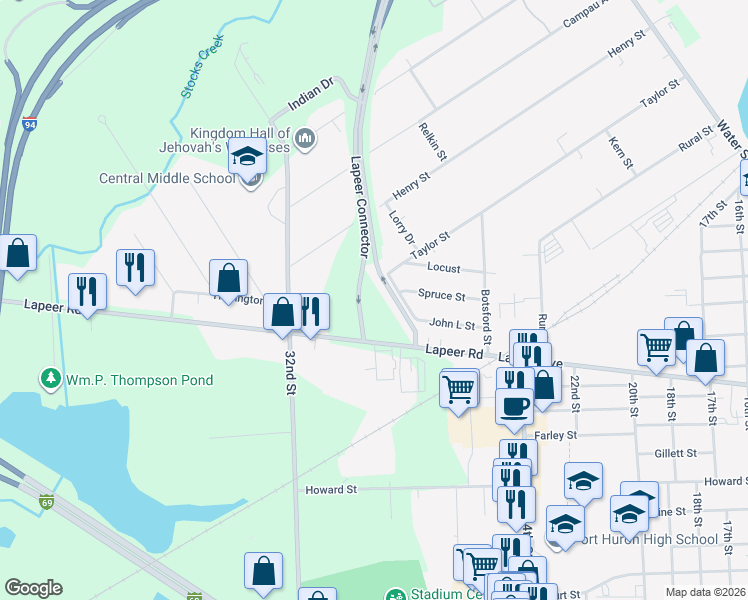 map of restaurants, bars, coffee shops, grocery stores, and more near 2970 Lapeer Road in Port Huron