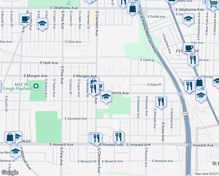 map of restaurants, bars, coffee shops, grocery stores, and more near 1320 East Warnimont Avenue in Milwaukee