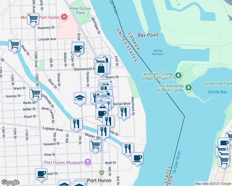 map of restaurants, bars, coffee shops, grocery stores, and more near 600 Fort Street in Port Huron
