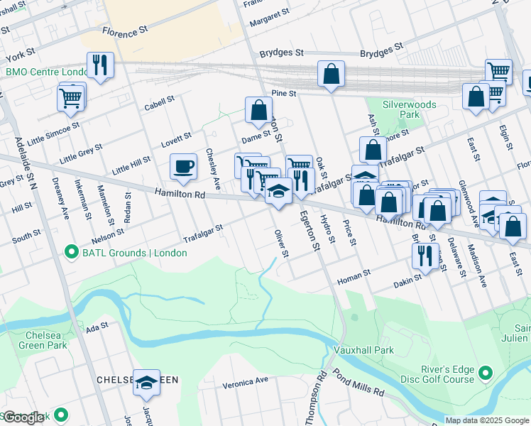 map of restaurants, bars, coffee shops, grocery stores, and more near 69 Oliver Street in London