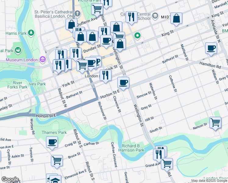 map of restaurants, bars, coffee shops, grocery stores, and more near 218 Horton Street East in London