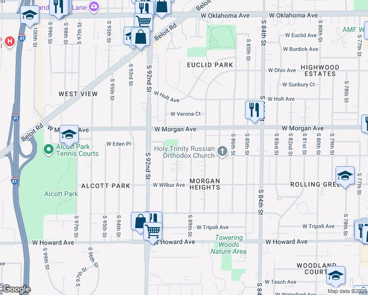 map of restaurants, bars, coffee shops, grocery stores, and more near 3575 South 88th Street in Milwaukee