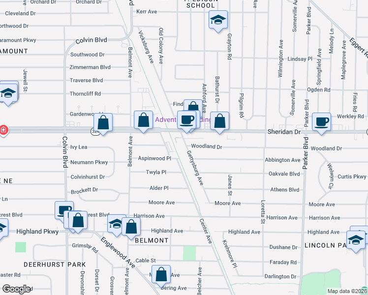map of restaurants, bars, coffee shops, grocery stores, and more near 143 Woodland Drive in Buffalo