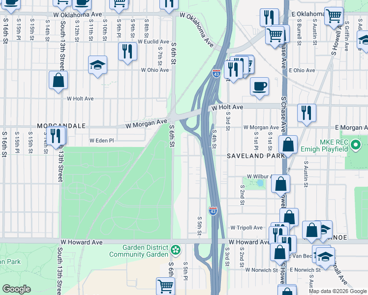 map of restaurants, bars, coffee shops, grocery stores, and more near 3569 South 5th Place in Milwaukee
